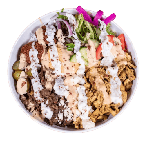 Fresh Mediterranean Bowl filled with vegetables, hummus, and proteins