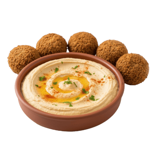 Bowl of house-made hummus served with warm pita chips